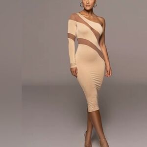 JLUXLABEL One-Shoulder Beige Dress